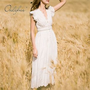 Zomer vrouwen vintage lange borduurwerk sexy mouwloze witte kant ruche maxi tuniek strand jurk 210415