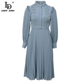 Été femmes Vintage robe mi-longue créateur de mode dames bleu dentelle lanterne manches décontracté vacances robes plissées 210522