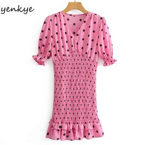 Zomer vrouwen vintage polka dot elastische jurk vrouwelijke v-hals korte mouw mini ruche vakantie vestido 210430