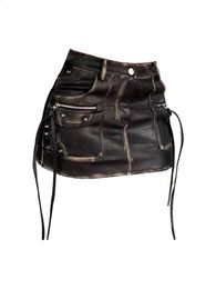 Minifalda Vintage de piel sintética para mujer, falda envolvente a la cadera, diseño Punk Gyaru, ropa de calle estética Y2k de los años 2000, Cyber Grunge de los años 90, 24030