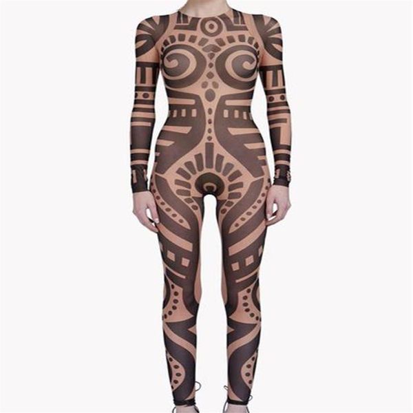 Combinaison d'été en maille imprimé tatouage tribal vintage pour femmes, combinaison sinueuse, piste africaine, body transparent, combinaison de célébrité, Catsuit2362
