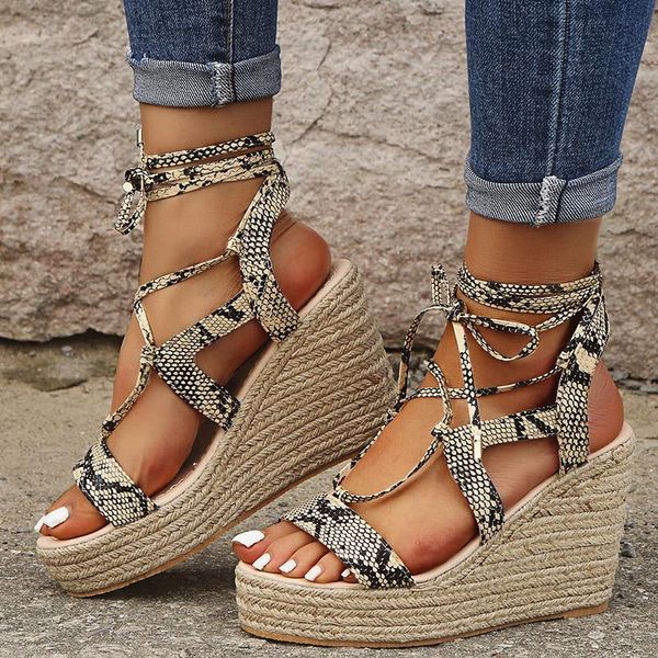 Sandalias de cuña de verano para mujer, zapatos de tacón alto con punta abierta, zapatos de alpargata con cordones, plataforma cruzada con tiras, gladiador de playa