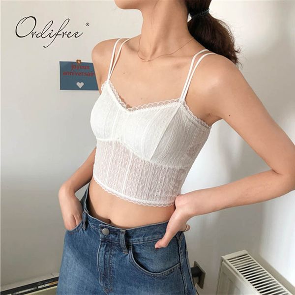 Summer Women White Lace Tank Camisole Plain Slim Sling Camis Couleurs Solides Crop Tops 210415