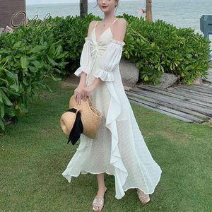 Zomer vrouwen wit lange v-hals polka dot ruches trekkoord tuniek elegante sexy vakantie strand maxi jurk 210415