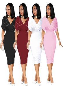 Robes d'été grande taille pour femmes, ample, chauve-souris, manches courtes, perles, Sexy, décolleté en V profond, élégante, fête, goutte entière, 2110295698502