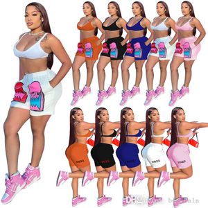 Zomer dames 2 -delige sport outfits katoenen tracksuits cartoon bedrukt vest en shorts jogger crop top v nek fietsers sets