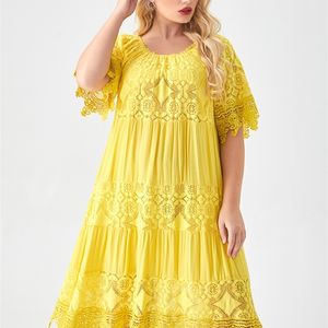 Zomer dames kleding plus maat gele uitsparing kanten jurk mode dames vintage elegante jurken 4xl 5xl 6xl hoge kwaliteit 220527