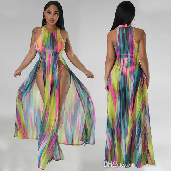 Traje de baño de diseñador para mujer de verano Perspectiva de malla sexy Vestido maxi dividido Traje de baño Conjunto de bikini Conjuntos de tres piezas para damas