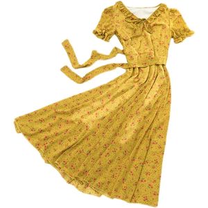 Zomer dames elegante gele bloemenprint chiffon jurk vrouwelijke ruches franse stijl zoete dame lange jurken