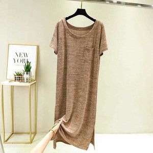 Summer Womens Home Loose Casual Robes Longues Manches Courtes Pocket House Dress Side