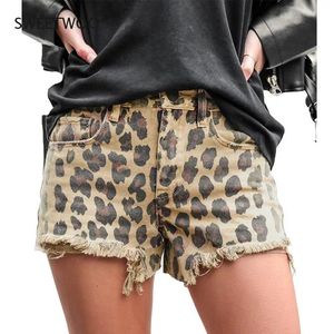 Summer Womens Leopard Print Fashion Denim Shorts effilochés Pantalons décontractés 240411