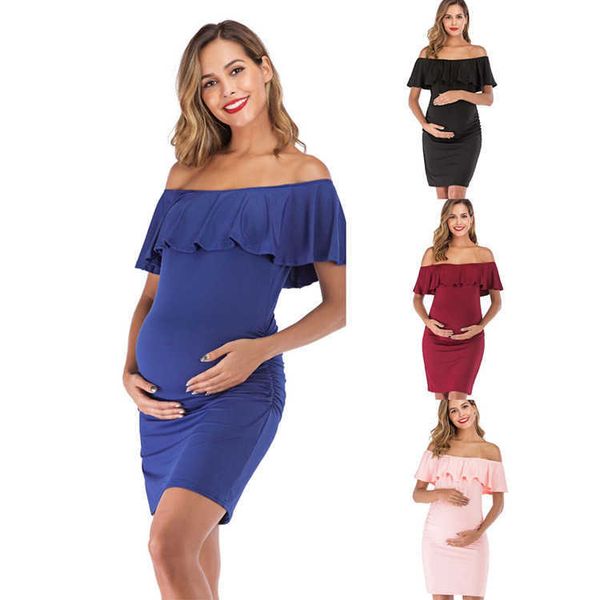 Été femmes hors épaule Robe de maternité à volants garniture Maxi vêtements de grossesse pour bébé douche Robe Femme Enceinte Q0713