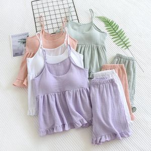 Pyjama d'été pour femmes, ensemble deux pièces avec short à bretelles et coussinet de poitrine, 100% coton, petit ensemble de vêtements de maison fins et sexy, grande taille 240309