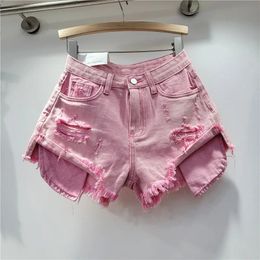 Summer Womens Pink Hole Portas de mezclilla High Wisting Slimming Spicy Girl Aline Ragged Edge 240423