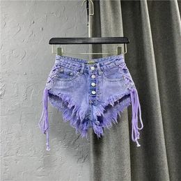 Summer Femme Purple Shorts Fashion Sexy Low Rise Single Breasted Aline Denim With Strap Pantal