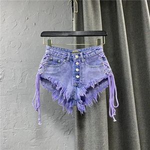 Zomer dames paarse shorts mode sexy lage stijging single breasted aline denim met riembroek vrouwelijk 240527