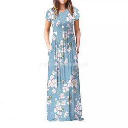 Robe longue d'été pour femmes, col rond, manches courtes, ample, imprimée, poches décontractées