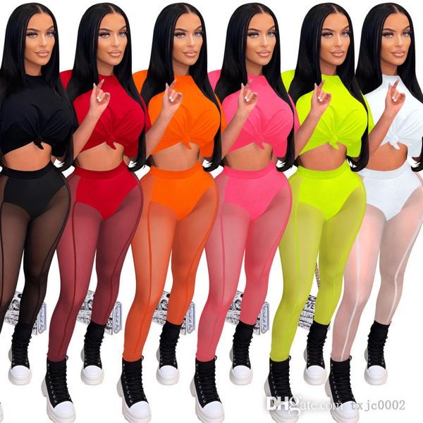 Été Femmes Sheer Yoga Pantalons Tenues Sexy Mesh 2 Pièces Ensembles Crop Tops Voir À Travers Leggings Survêtements 2022 Designer Vêtements