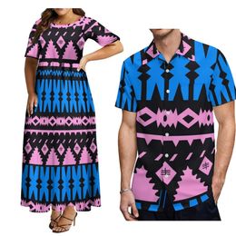 Zomer dames korte mouw jurk Hawaii Polynesisch etnisch ontwerp heren aloha shirt paar set 240412