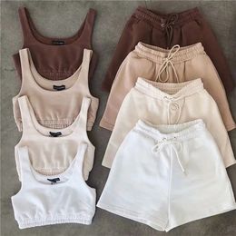 Zomer dames tweedelige loungewear set met korte mouwen Effen kleur Athleisure Casual outfits Tank Biker Shorts en cropped top sets 220606