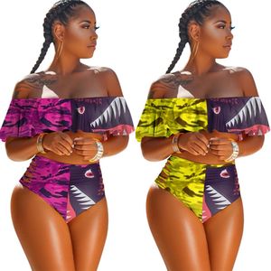 Diseñadores de trajes de baño para mujer de verano Bikini Set Traje de baño sin tirantes con volante Sujetador + Pantalones cortos Cara de tiburón Dibujos animados Playa Natación Conjuntos de baño H12105