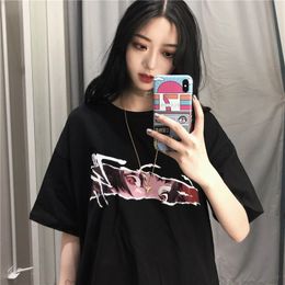 Été Femmes T-shirts Style Coréen Vêtements Ulzzang Harajuku Chemises Casual Bande Dessinée Impression Noir T-shirt Femmes Lâche Tee Tops Y19042501