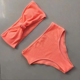 Été femmes texturé taille haute Bikini poitrine noeud maillot de bain Orange vert maillots de bain maillot de bain pour femmes maillots de bain 240112