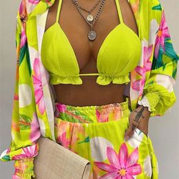 Summer Womens ThreePiece Suit Fashion Holiday Style Solid Color Printing Casual Sexy 3Piece Sets Beach Outfits Femme 220527