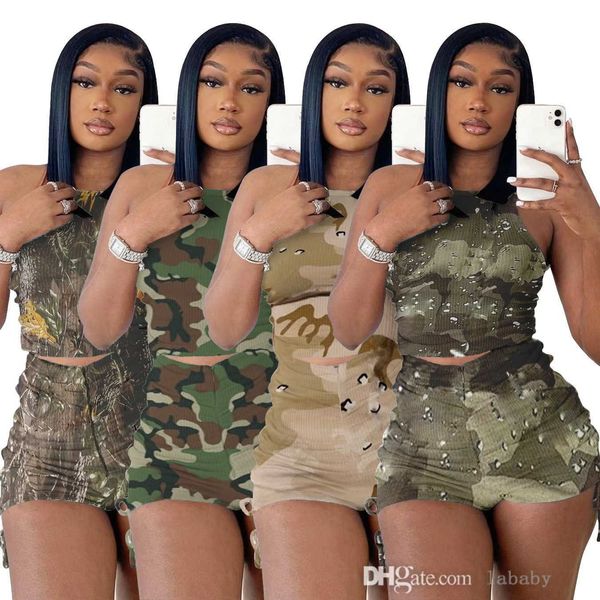 Survêtements d'été pour femmes vêtements de marque camouflage plissé imprimé survêtements gilet short à cordon Pit Strip deux pièces ensemble femmes vêtements de sport