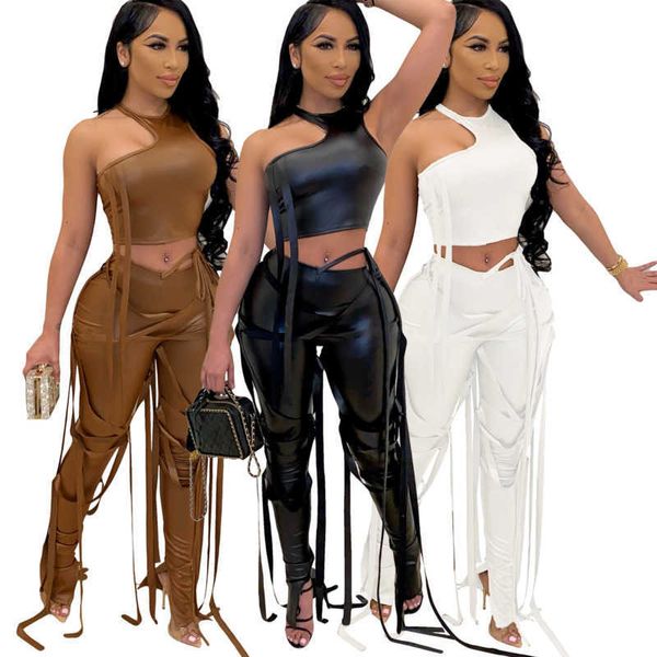 Pantalons d'été pour femmes en deux pièces Set Pu Le cuir Bandage Suit sexy licolaire Hollow Hollow Out Tops Tops Tenits Nightclub