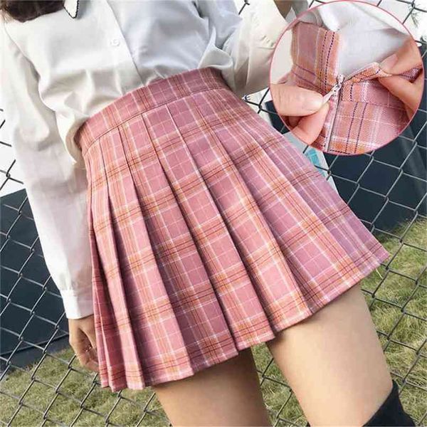 Verano Y2K Moda coreana Falda corta Falda Harajuku Poliéster Negro Cintura Alta Plaid Plisado Kawaii A-Line Mini Faldas Uniforme 210619