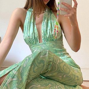 Été Y2K Tie Dye Imprimer Pantalon Femmes Taille Haute Vert Zipper Vintage Jambe Large 90s Pantalon Crop Tops Halter Camis Sexy Capris Femmes