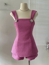 Summer Y2K Two Piece Femme Backkknot Square Collier Luxury Diamond Buttons Spaghetti Strap Camisole Shorts 240423