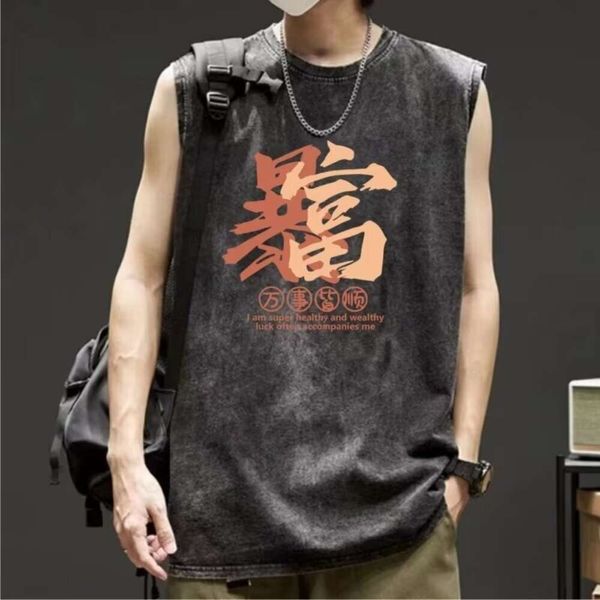 Camiseta sin mangas de lona para deportes de baloncesto, holgada de algodón de marca a la moda, chaleco usado lavado para hombre del año de verano del Loong