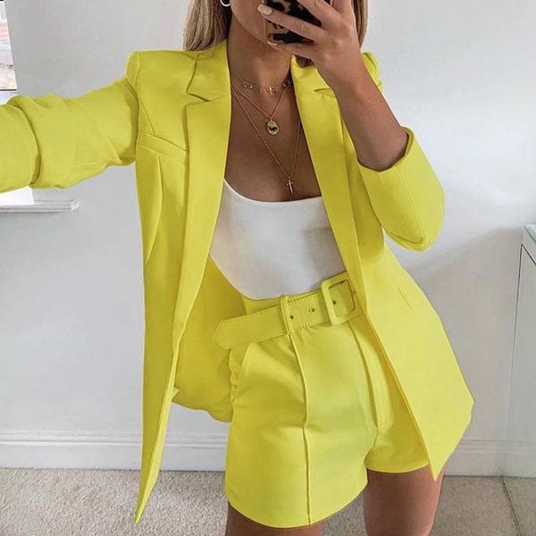 Summer Yellow Girls Pants Suits Women 2 Piezas Cortas Partes de Nendencia Blazer Blazer esmoquin para boda (chaqueta+pantalones)