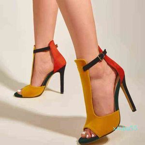 Été jaune talons hauts femmes gladiateur sandales cheville boucle sangle mode dames chaussures sandalias de las mujeres