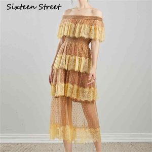 Zomer gele kanten jurk vrouw slash nek off-the-schouder patchwork casualdesign maxi zelfjurk vrouwelijke bodycon 210603