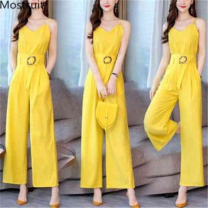 Verano amarillo conjuntos de dos piezas trajes de mujer chaleco sin mangas y pantalones de pierna ancha trajes coreano Sexy Oficina elegante moda 210513