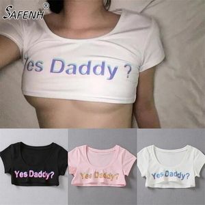 Été Oui Papa Lettre Imprimer T-shirt Femmes Sexy Crop Tops À Manches Courtes Chemises Courtes 220506