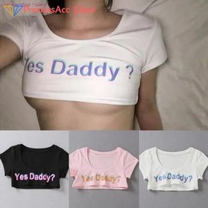 Zomer Ja Papa Brief Print T-shirt Vrouwen Sexy Crop Tops Korte Mouw Cropped Shirts 240315