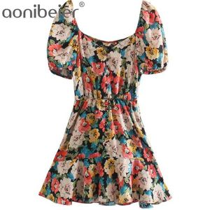 Zomer za floral mini dres vintage ruche korte puff sheeve ssndy dames elastische taille jurken 210604