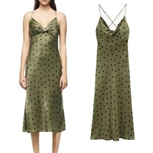 Summer Za Green Polka Dot Midi Dres Vestidos de fiesta sin espalda sexy Mujer Elegante Slip Cross Strap Nudo Camisola femenina 210608