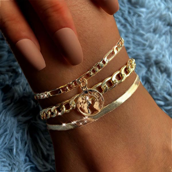 Sumu 3PCS / Set Vintage World Carte Anklets pour Femme Gold Argent Couleur Métal Bracelet Boho Summer Beach Foot bijoux