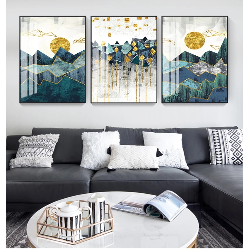 Imagen de pared impresa de arte solar para sala de estar, cuadro sobre lienzo para pared, paisaje de montaña geométrico abstracto nórdico, Woo dorado