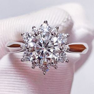 Bague de mariage en Moissanite véritable, Design fleur de soleil, taille 6.5mm, 1CT, non redimensionnable, réglable, diamants de laboratoire en argent 925