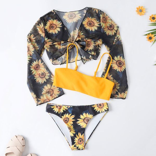 Traje de baño con estampado de flores y sol para niña, conjunto de Bikini Bandeau de 7 a 14 años, traje de baño para niño, trajes de baño para adolescente, 3 uds.