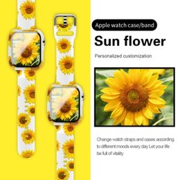 Étuis en verre trempé Sun Flower BANDE DE MONTRE pour iWatch 45MM 41MM 44mm 38mm 42mm 40mm Série 7 5 4 3 2 1 Cadre à bord incurvé Coque d'impression par transfert d'eau