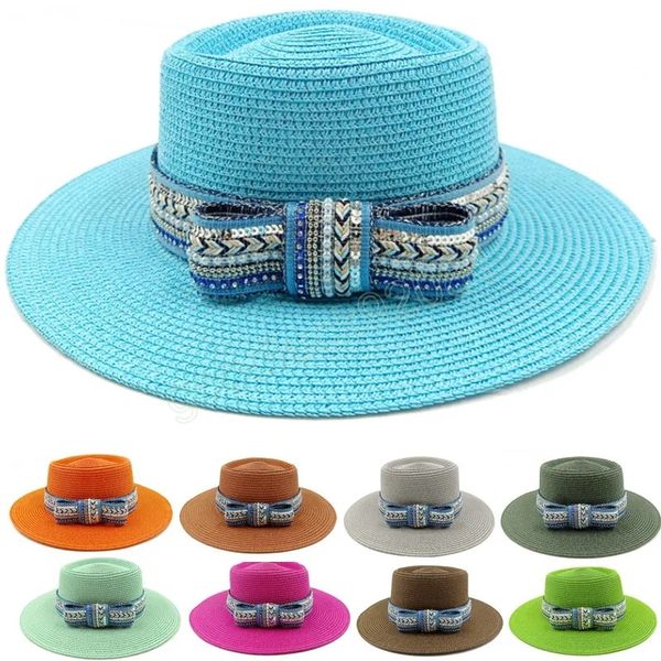 Chapeau de soleil diamant nœud accessoires lac bleu été chapeau à large bord voyage chapeau de paille hommes et femmes chapeau de plage Gorras Homebre