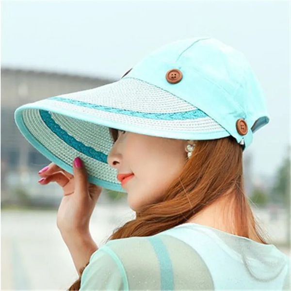 Chapeau de soleil dames largeur paille de paille large largeur brim souple plage d'été un chapeau de soleil paille bouton bouton cap chapeaux d'été pour femmes 240410