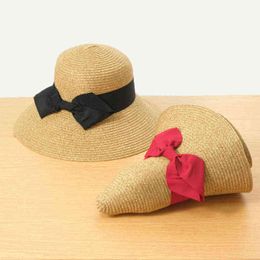 Sun Hat Women Summer Beach Accessoire Stro Wide Bravon Ribbon Ademend Upf50 voor Tieners G220301